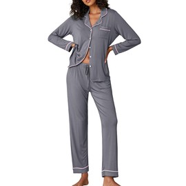 Ekouaer Women's Long Sleepwear Pajama Set Loungewear, Gray, L