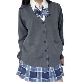Ailiyumo School Cardigan, Uniform, Girls, High School Students, Knit Cardigan, Thick, Solid, V-Neck, Loose, Student Uniform Cardigan, Women's, School Commute, Spring, Autumn and Winter, gray (dark
