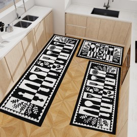 Kitchen Rugs Set of 3, Unique Black & White Utensil & Vegetable Kitchen Mats for Floor Nylon TPR Non-Slip Washable Sink Standing Mats Absorbent Resist Dirt Kitchen Runner Rug (20"x59"+20"x47"+20"x32")