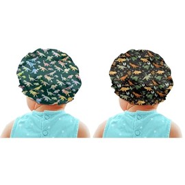 Babrukda 2pcs Set Dinosaur Colorful Novelty Kids Hair Cover Bonnet Satin Sleep Cap with Elastic Band Beanie for Night Sleeping Curly Natural Hair Cap Cover Home Travel Hat for Girls Boys Toddler Baby
