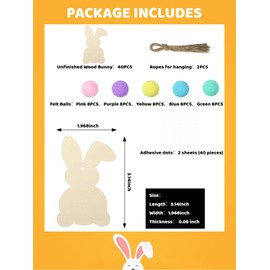 DECEED 40 Pcs Easter Unfinished Wood Bunny Cutouts with 40 Colorful Felt Balls, Hanging Rabbit Cutouts Rabbit Shape Craft Tags Wooden Pendant DIY Ornaments