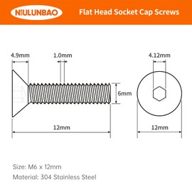 M6-1.0 x 12mm Flat Head Hex Socket Cap Screws Countersunk Bolts, 304 Stainless Steel, Metric Allen Socket Drive, Fully Threaded, Bright Finish, 50PCS