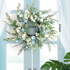 Huashen Spring Wreaths for Front Door, 24 Inch Spring Door Wreath with Blue White Wildflower, Spring Wreath for Farmhouse Outdoor Porch Home Wall