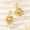 Gold Round Flower Disc Pearl Drop Dangle Earring, 14k Gold