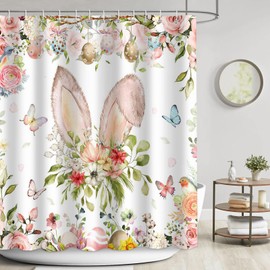 APROPHIC Shower Curtain Spring Easter Bunny Rabbit Shower Curtains 180 x 180 cm Flower Plant Bath Curtain Waterproof Polyester Fabric Bathroom Curtain with 12 Hooks