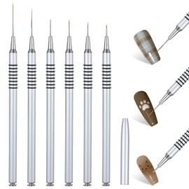 Metallic Nail Art Liner Brushes,6 Pcs Non Slip Nail Art Liner Brushes for Nails UV Gel Polish Painting,Silver Nail Art Brush Set for Thin Long Lines Fine Drawing Detail 5/7/9/11/20/25mm