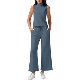 Casly Lamiit 2 Piece Outfits for Women 2025 Fashion Sleeveless Lounge Sets Cropped Pants Matching Set Spring Trendy Loungewear Clothing Set Dressy Tracksuit Athleisure Blue Grey Petite XS