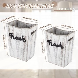 Maxcheck 2 Pcs Farmhouse Bathroom Wood Trash Can, 2 Sizes Rustic Square Wastebasket Bin with Convenient Handle for Bathroom, Kitchen, Bedroom, Office(White)