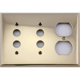 Unlacquered Polished Brass 3 Gang Combination Switch Plate - 2 Push Button Light Switch Openings 1 Duplex Outlet Opening