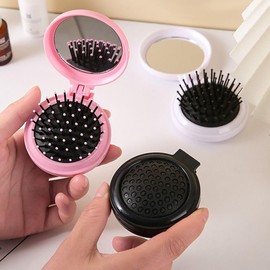2Pcs Black and Pink Folding Travel Hair Brush with Mirror, Round Portable Folding Pocket Hair Brush Mini Hair Massage Compact Mirror with Comb Travel Size for Men Women Styling Tools and Appliances
