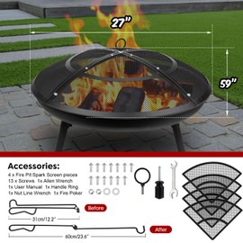 Fire Pit Spark Screen,27 Inch Fire Pit Screen Cover Outdoor with Handle&Poker,Heavy-Duty Steel Firepit Screens Cover Round Mesh Replacement for Backyard/Beach/RV Camping