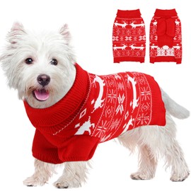 OTOB Christmas Dog Sweaters for Small Medium Dogs, Xmas Turtleneck Warm Pet Clothes Knitwear with Leash Hole, Pullover Classic Snowflake Reindeer Puppy Sweater Outfit for Holiday New Year, Red M