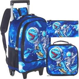 UFNDC 3PCS Rolling Backpack for Boys, Kids Dinosaur Wheeled Bookbag，Travel Roller School Bag with Wheels