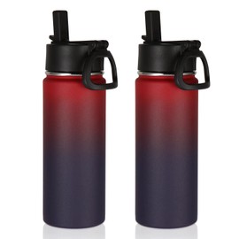 Volhoply 18oz Insulated Water Bottle Bulk 2 Pack,Kids Stainless Steel Water Bottles with Straw Lid,Double Wall Vacuum Reusable Metal Thermos,Wide Mouth Sports Flask Keep Hot and Cold(Red Purple,2 Set)