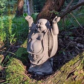 Super Happy Buddha Statue: Solid Durable Stone Statue w/Distressed Texture. Perfect Home Design & Sealed for Outdoor Use. Handcrafted USA. (Antique/Gray)