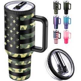 Greatyos 40 oz Tumbler with Handle and Flip Straw Lid - Upgraded Traveler 40oz Tumblers with Lids Straws Vacuum Insulated Leak Proof Stainless Steel Cup Mug Gifts for Men Women Him Her (Camo Flag)