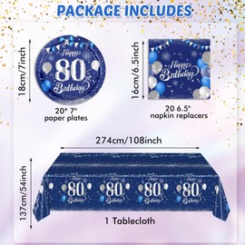 Blue 80th Birthday Decorations for Men Navy Blue Silver Happy 80th Birthday Tableware Set Include Happy 80th Birthday Plates Napkins Tablecloth for 60th Birthday Anniversary Party Decorations Supplies