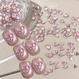 Multiple Shape Pink Nail Rhinestones for Nails Supplies Mini Steel Beads Pearls Zircon Nail Gems and Charms for Nails Design Assemble Spliced Heart Butterfly Rhinestone Diamonds Crystal Nail Jewels