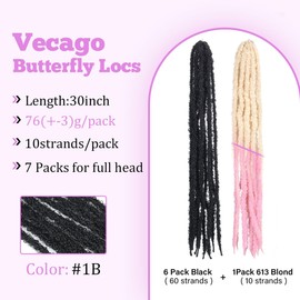 Vecago 30 inch Disstressed Butterfly Locs Crochet Hair, 7 Packs Disstressed Faux Locs Handmade Soft Locs for Women(6Packs+1Pack Change Color)
