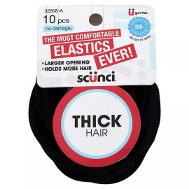 SCUNCI 10 PIECE BLACK HAIR ELASTICS #32508 *THICK HAIR* - BRAND NEW