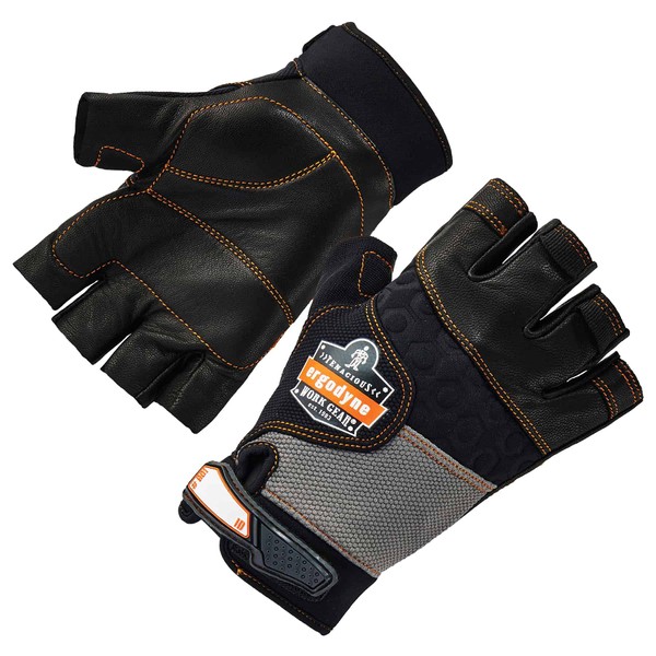 Ergodyne ProFlex 901 Half-Finger Leather Impact Gloves, Large, Black