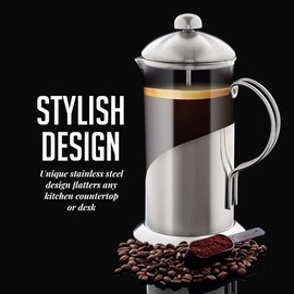 OVENTE French Press Coffee Maker 34 Ounce, 4 Level Stainless Steel Filter System, Borosilicate Heat Resistant Glass Carafe with Free Measuring Scoop, Silver FSL34S