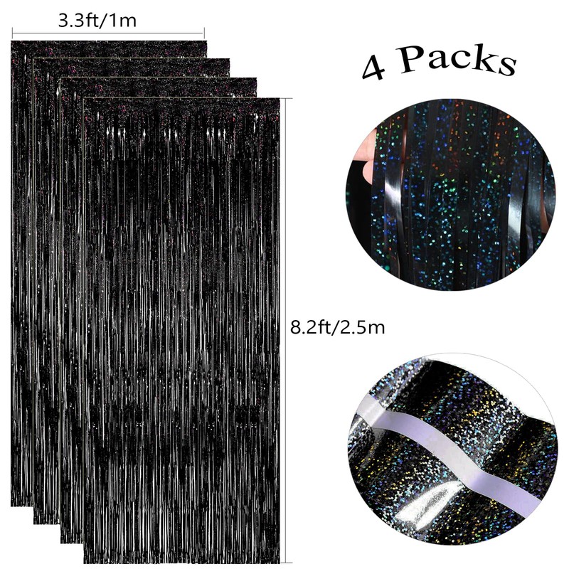 4 Pack Black Tinsel Foil Fringe Curtains, Slmeno Glitter Metallic