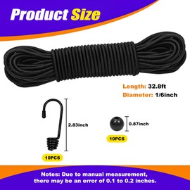 1/6" Bungee Cord, 33 Feet Elastic Bungee Cords with 30pcs Hooks, Shock Cord for Kayak Tarp Luggage Camping Accessories, Fitness Indoor&Outdoor Activities (1/6" x 33')