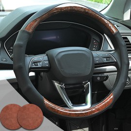 Muamos Wood Grain Steering Wheel Cover Car Steering Wheel Covers 14.5-15 inch with Coasters Microfiber Leather Splicing Breathable Anti-Slip Durable Universal Auto Steering Wheel Protective