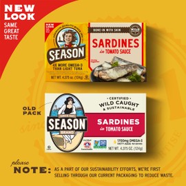 Season Sardines in Tomato Sauce - Wild Caught, 22g of Protein, Keto Snacks, More Omega 3's Than Tuna, Kosher, High in Calcium, Canned Sardines - 4.37 Oz Tins, 6-Pack