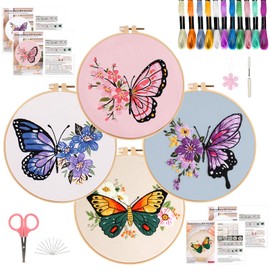 SHIPKEY 4 Sets Embroidery Kit, Cross Stitch Kit for Beginners, Starter Kit with Stamped Patterns | 4 Butterfly