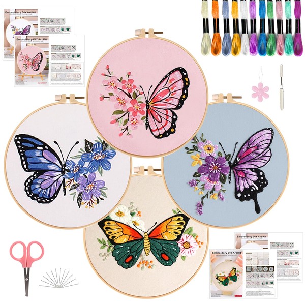SHIPKEY 4 Sets Embroidery Kit, Cross Stitch Kit for Beginners,