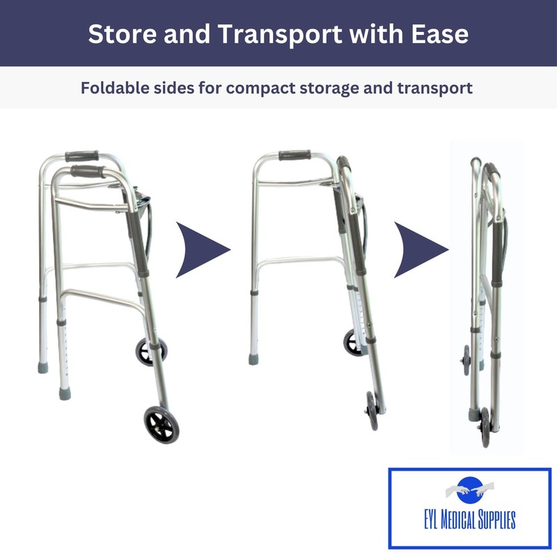 Foldable Lightweight Two Button Walker with 5” Wheels, Includes Ski