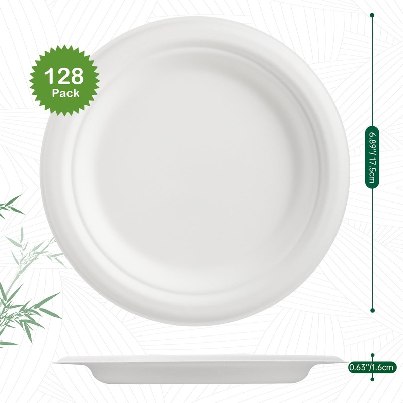 OasisSN [7 Inch, 128-Pack Compostable Paper Plates, Heavy-Duty Biodegradable Disposable