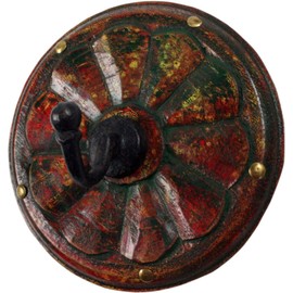GURU SHOP Indian Round Wooden Wall Hook, Key Holder, Coat Hook - Red, Size: Small 12 cm, Wooden Wall Hook, Metal & Ceramic
