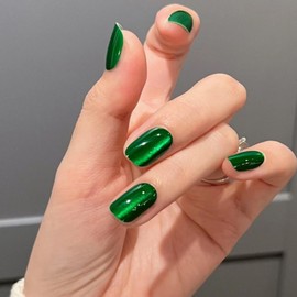 Green Press on Nails Short Square Fake Nails Glitter False Nails with Designs Bling Short Coffin Acrylic Nails Glossy Full Cover Glue on Nails Artificial Stick on Nails for Women Manicure 24pcs