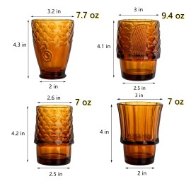Frcctre Set of 4 Koi Fish Design Drinking Glasses, Stackable Amber Tumbler Glasses Bever
