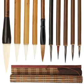 Midyrrg 10 Pcs Chinese Calligraphy Kanji Brush Set Mixed Wolf Hair Traditional Calligraphy Pens Art Painting Chinese/Japanese Sumi Writing Brush for Watercolor Drawing for Beginners(Roll Bag)