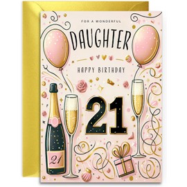 Daughter 21st Birthday Card - Champagne and Balloons design - Elegant Birthday Card for Her Age 21 with lovely verse inside. A5 with Gold Envelope