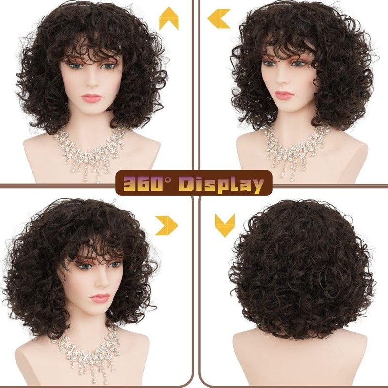 Dark Brown Short Curly Bob Wigs for Women Natural Wavy
