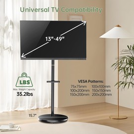 UPGRAVITY Rolling TV Stand for 13 to 49 inch Screens - 90° Rotatable Portrait to Landscape, Height Adjustable Mobile TV Stand on Wheels Holds up to 35lbs, Max VESA 200x200mm, Black