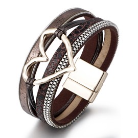 Multilayer Leather Wrap Bracelet Boho Heart Bracelet with Magnetic Clasp Rhinestone Leather Cuff Bracelets for Women Layered Leather Bangle Bracelet(brown)
