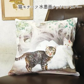 SWINGPLUS Cushion Cover, Cat Print, Animal Pattern, Animal, Interior Goods, Asian Cat, Painting Style, 17.3 x 17.3 inches (44 x 44 cm) (White Cat))