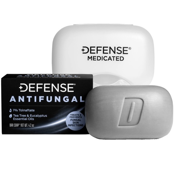 Defense Antifungal Medicated Bar Soap | Intensive Fungus Treatment for Athlete's Foot, Ringworm, Jock Itch and Skin Fungal Infections (One Bar with Snap-Tight Case)