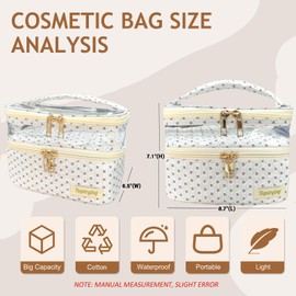 Tegelrying Travel Makeup Bag,Double Layer Large Cotton Quilted Makeup Pouch Soft Cosmetic Organizer with Handles,Cute Make up Case Toiletry Bags for Women, White Flroal, Double Layer