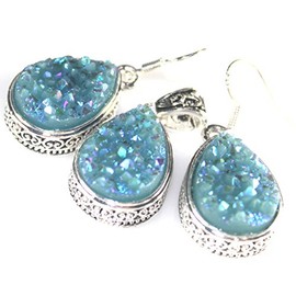 SILVER Vintage Style Sky Blue Rainbow Titanium Druzy Teardrop Pendant & Earrings Jewelry Set