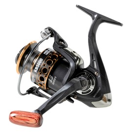 kuifa Spinning Fishing Reels with Left/Right Interchangeable Collapsible Wood Handle Powerful Metal Body 5.2:1 Gear Ratio Smooth 13BB CNC Aluminum Spool for Saltwater Freshwater (6000) Black/Gold