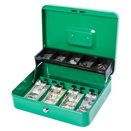KYODOLED Locking Cash Box with Lock,Money Box with Cash Tray,Lock Safe Box with Key,Money Saving Organizer,11.81Lx 9.45Wx 3.54H Inches,Green XL Large