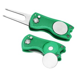 PATIKIL Golf Divot Repair Tool, 2 Pack Foldable Metal Golf Green Divot Tool with Magnetic Ball Marker & Stainless Steel Fork for Golfer, Dark Green