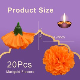 iwiio 20Pcs Marigold Flower Head Orange Artificial Flowers Diwali Decorations for Indian Festival,Traditional, Backdrop,Parties,DIY Marigold Garlands,Wedding,Table Centerpieces